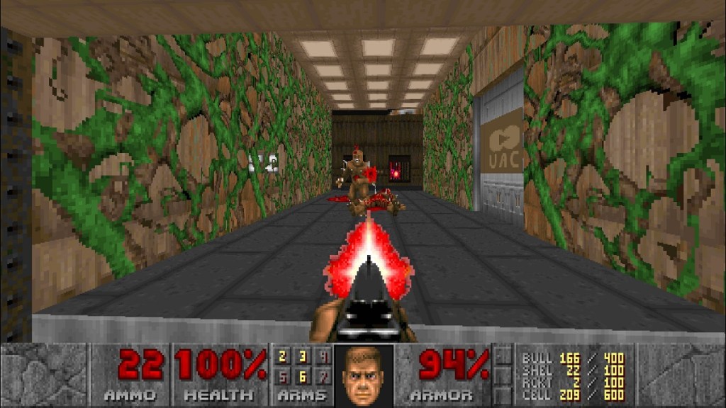 Doom 1 Episode 2, shooting an imp with a shotgun.