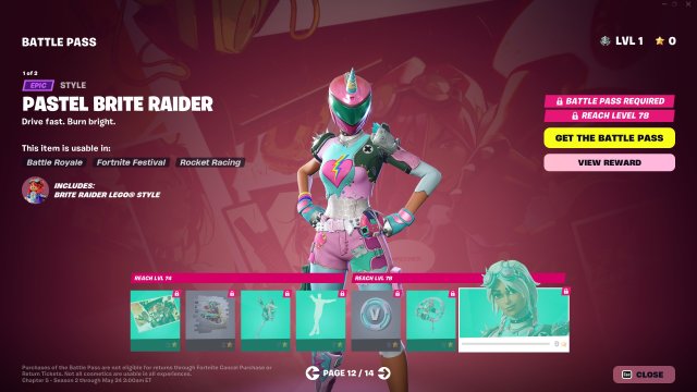 The first page of Fortnite's Season 3 Battle Pass, including the Brite Raiderskin.