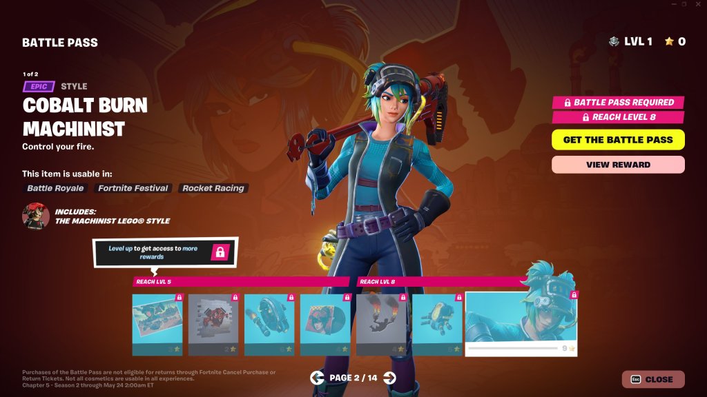 The second page of Fortnite's Season 3 Battle Pass, including theCobalt Burn Machinst skin.