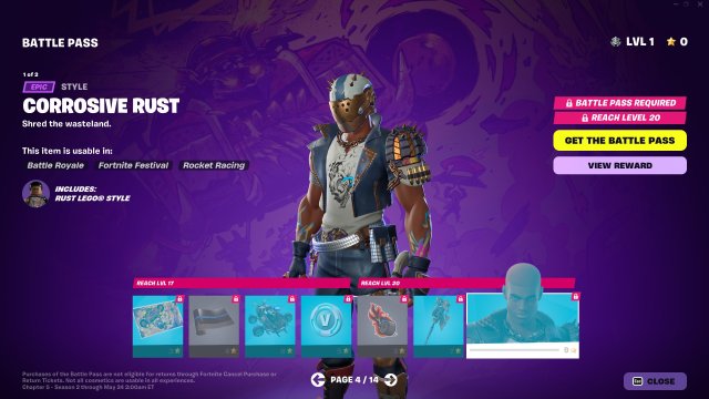 The fourth page of Fortnite's Season 3 Battle Pass, including the Corrosive Rust skin.