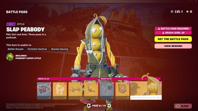 The sixth page of Fortnite's Season 3 Battle Pass, including the Peabody skin.