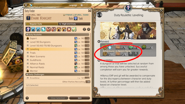 The Duty Finder window showing Adventurer in Need in Final Fantasy XIV