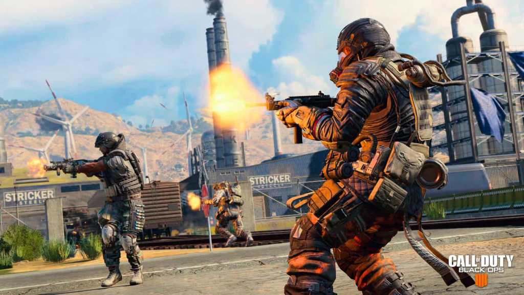 Two Call of Duty characters facing left, firing their weapons. 