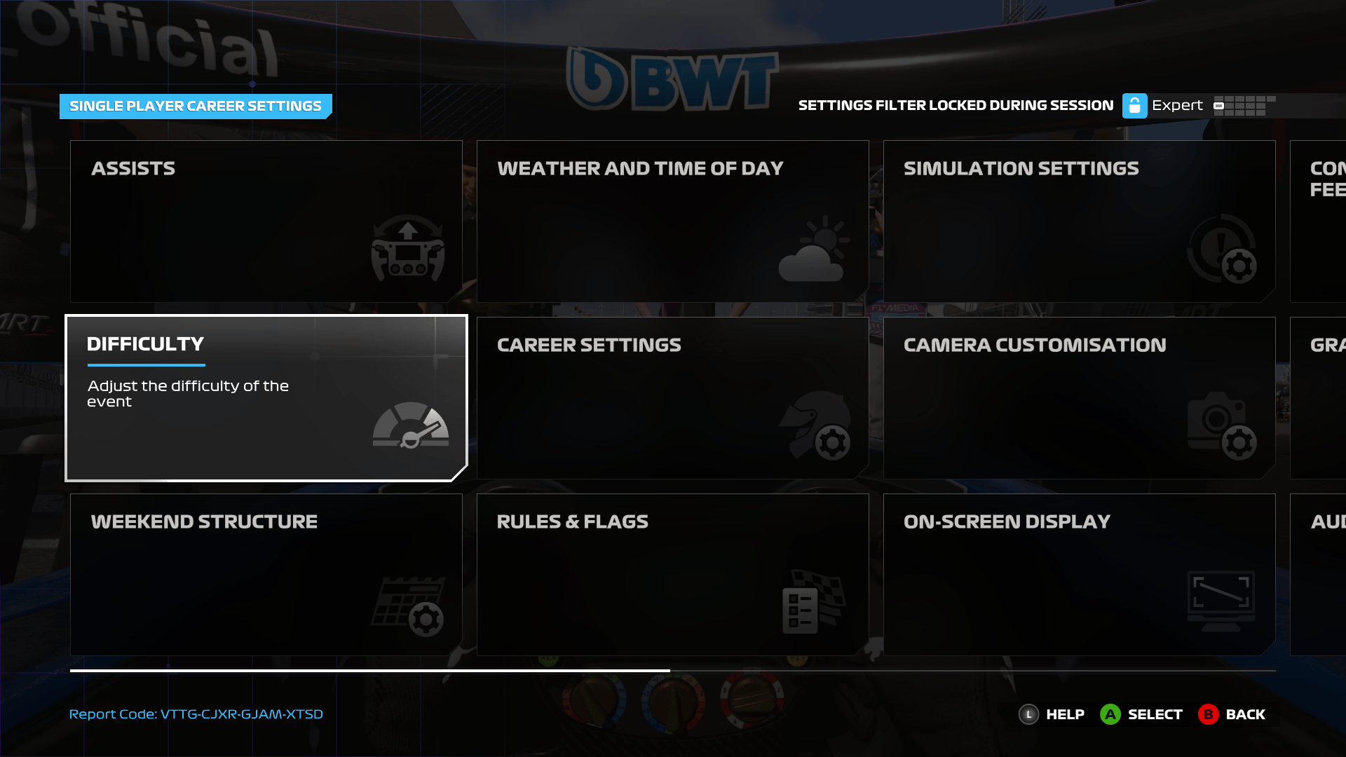 F1 24's settings menu, showing the Difficulty tab. 