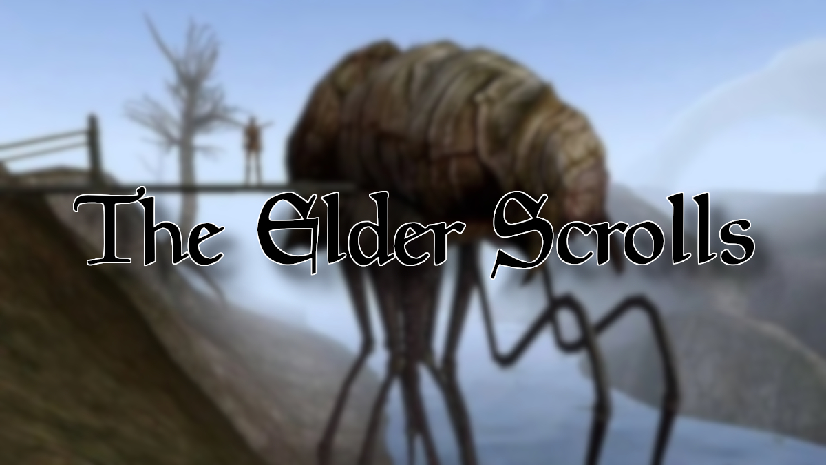 The Elder Scrolls logo with a Silt Strider from Morrowind in the background.