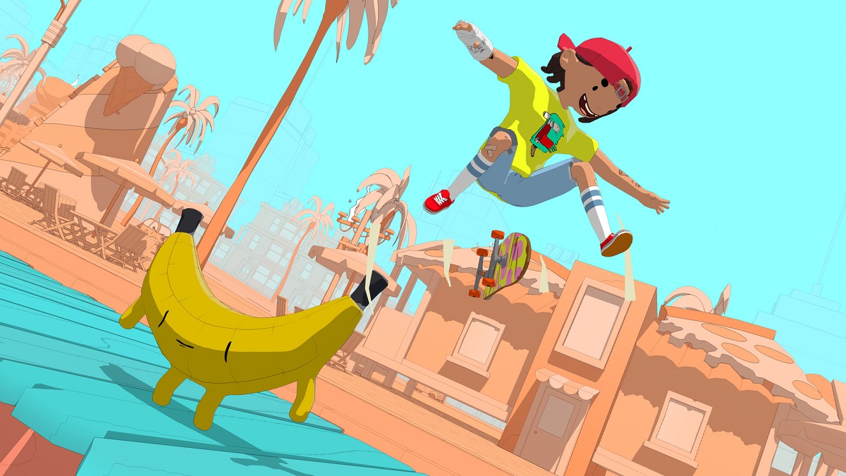 OlliOlli World kid on skateboard jumping over banana