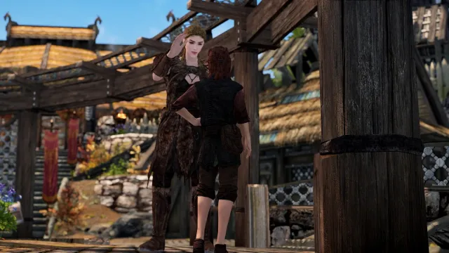 Skyrim: an NPC in Whiterun waves at a child.