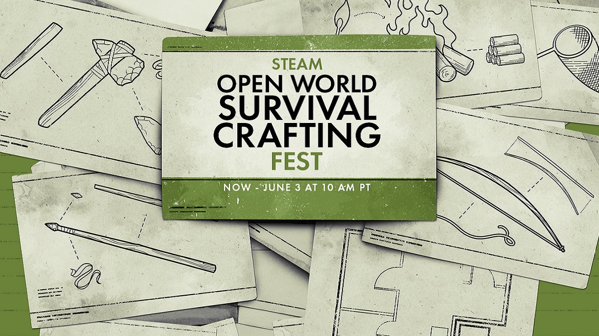 Steam Open World Survival Crafting Fest logo on a green and white card.