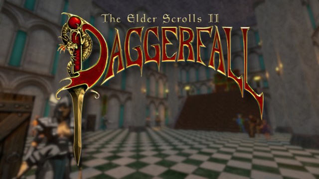 the Elder Scrolls: Daggerfall logo with the inside of a castle behind it, and a knight standing guard nearby.