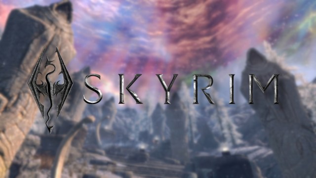 The Elder Scrolls 5: Skyrim logo with the purple and blue sky of Sovngarde in the background.