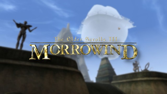 The Elder Scrolls 3: Morrowind logo with the city of Vivec behind it, and the statue of Vivec on top of a building.