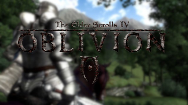 The Elder Scrolls 4: Oblivion logo with a knight behind it riding on a horse.