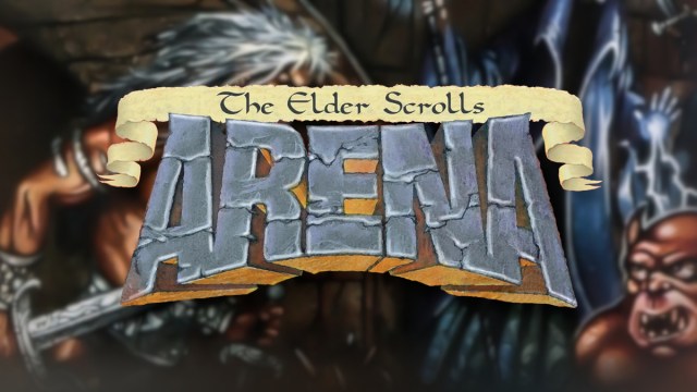 The Elder Scrolls: Arena logo with an image of a mighty warrior about to fight a goblin and a warlock.