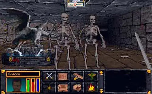 The Elder Scrolls: screenshot from Arena showing two skeletons in a dungeon.