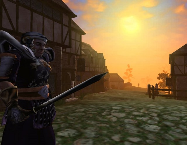 The Elder Scrolls: screenshot from Morrowind showing a guard posted at the town of Caldera.