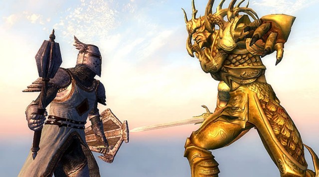 The Elder Scrolls: image from Oblivion showing a knight about to fight a golden warrior.