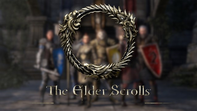 The Elder Scrolls Online logo with a bunch of fantasy characters posing ehind it.