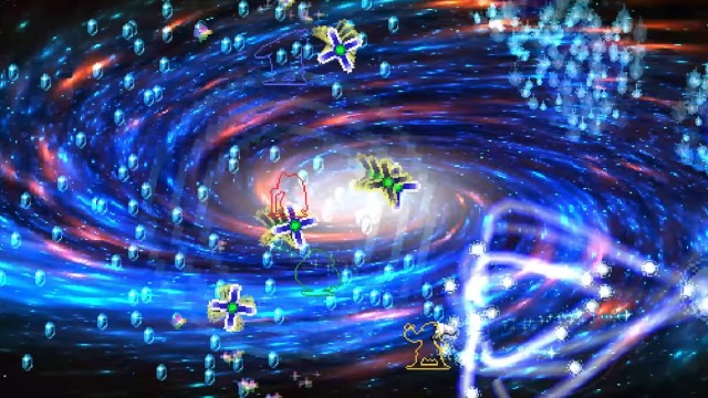 Vampire Survivors: a chaotic battle going on where a power-up is so strong it looks like a swirling galaxy.