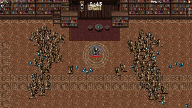 Vampire Survivors: the player in the middle of the Inlaid Library about to be surrounded by Dust Elementals.