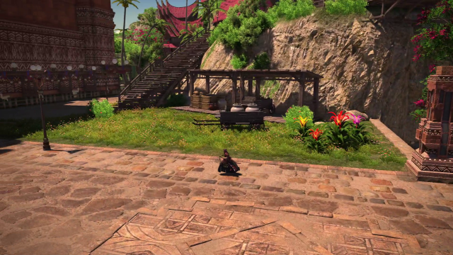 The streets of a new player hub in FFXIV Dawntrail.