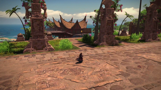 The FFXIV Media Tour preview of Dawntrail's latest city, showing a Miqote running along the new Tuliyollal zone. 