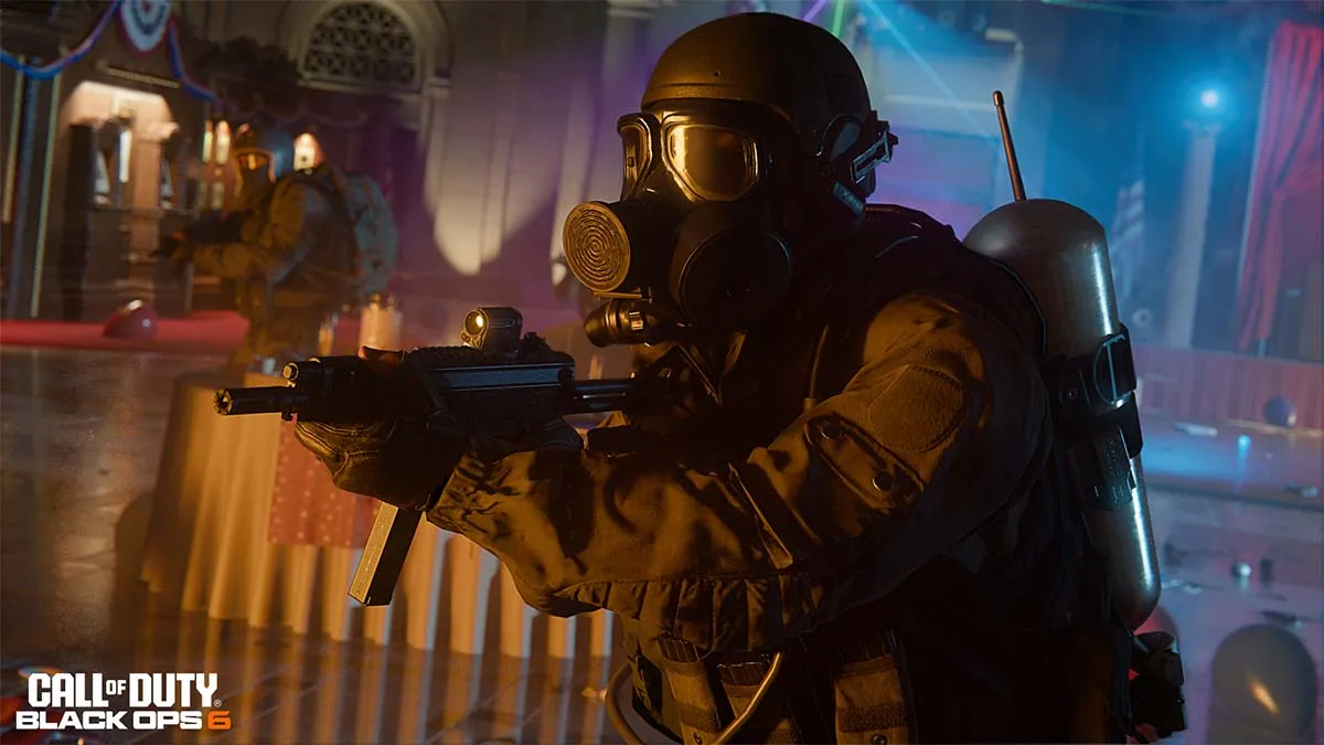 A CoD player wearing a gas mask while holding an MP5 with a laser sight.