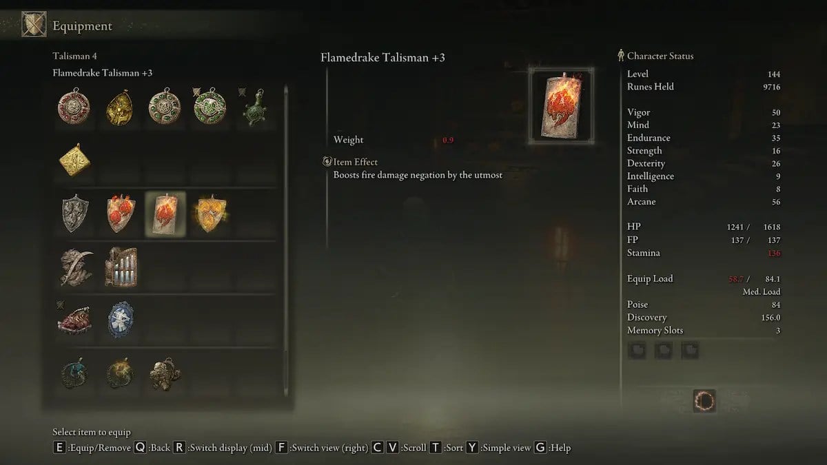 elden ring flamedrake talisman +3 equipment screen