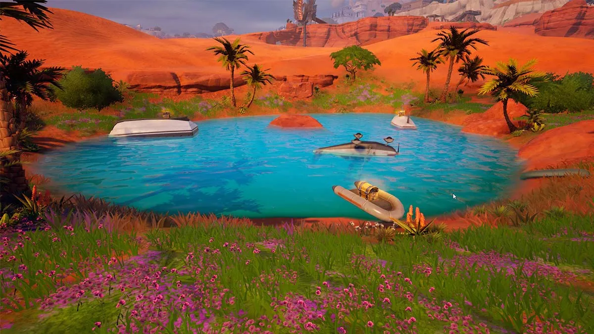 An Oasis Pool in Fortnite, with three boats parked on the blue water and flowers on the edge.