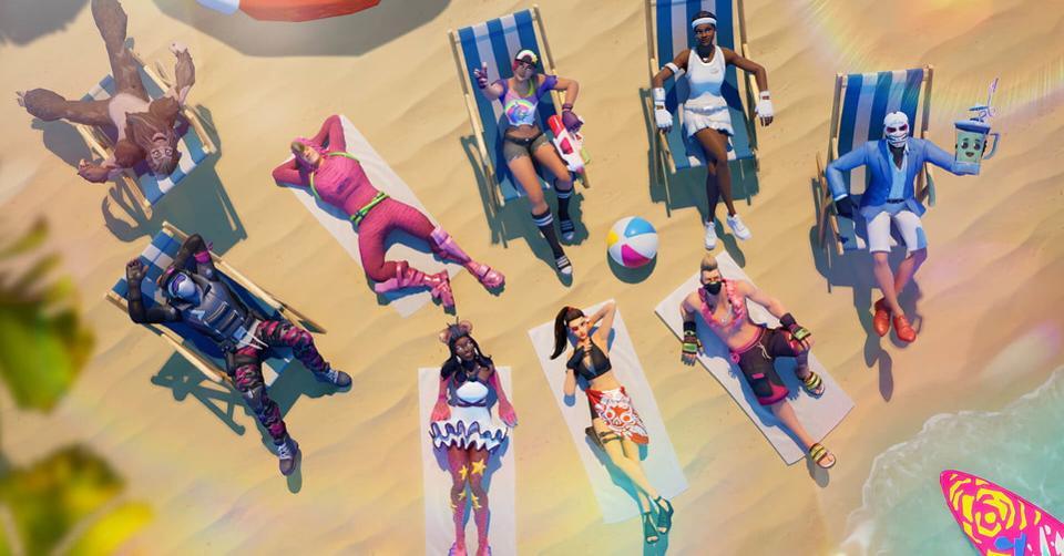 Fortnite players lying on a beach.