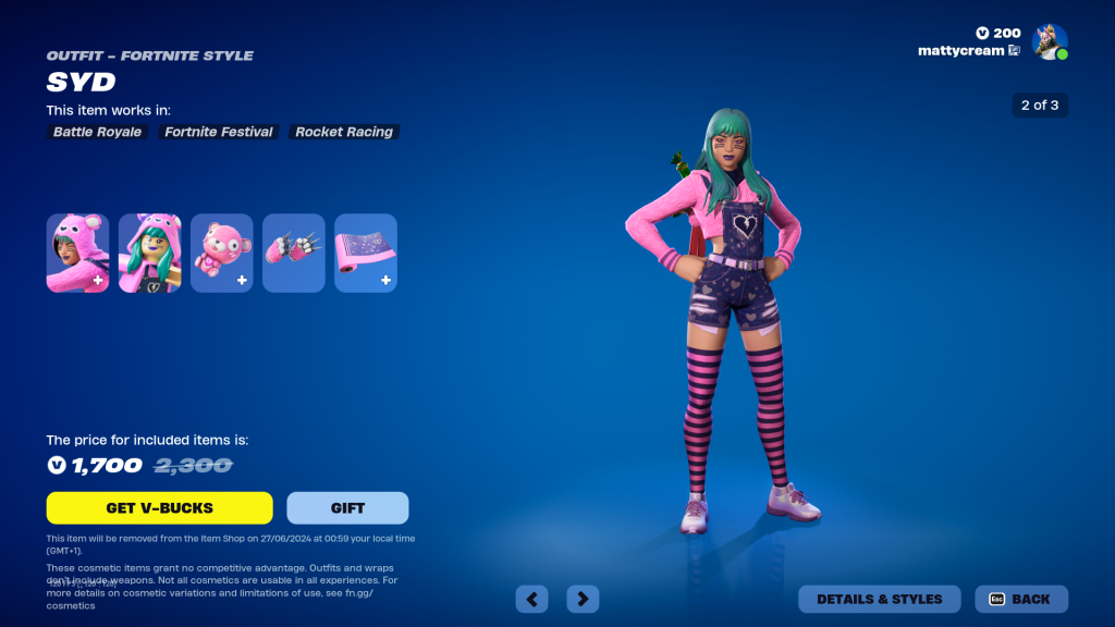 Syd's Fortnite skin in the Item Shop