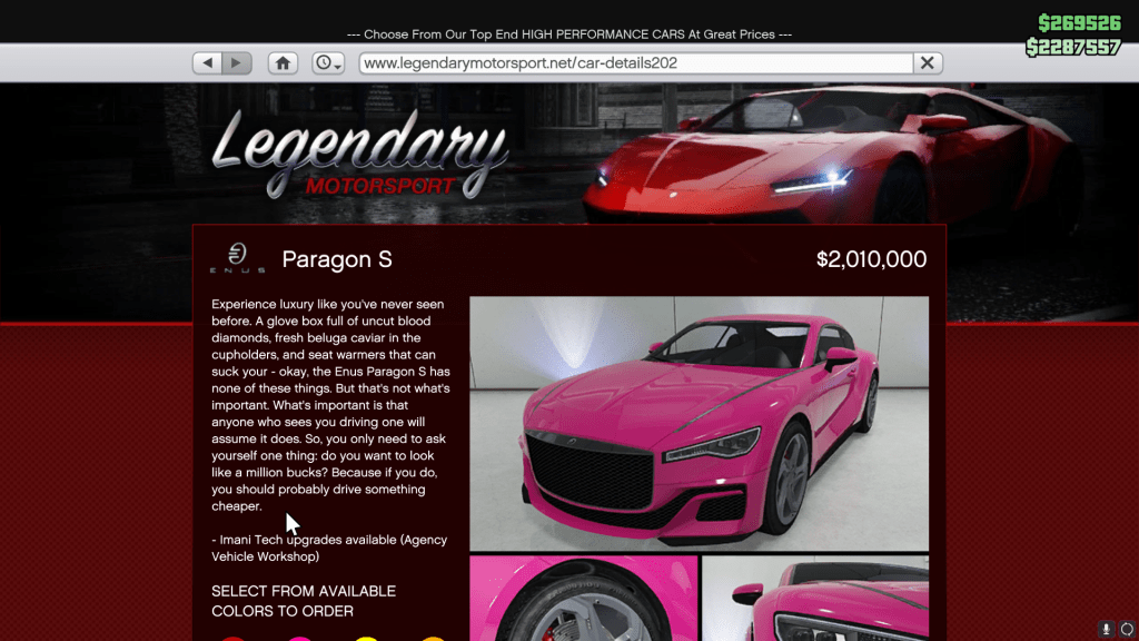 A pink Enus Paragon S car in the Legendary Motorsport site