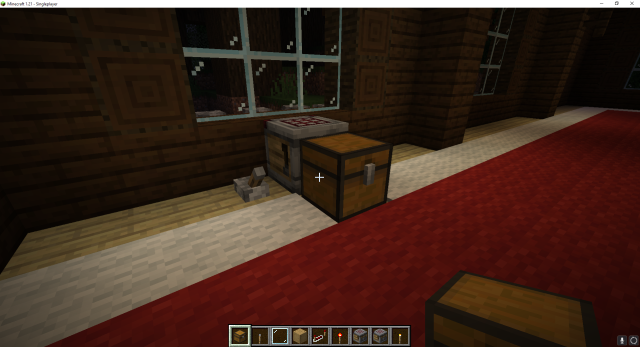 A simple Crafter setup with a lever, Crafter, and Chest