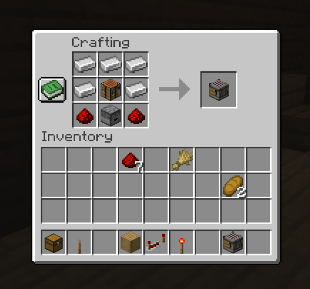 Mincecraft's Crafter recipe, with five piece of iron, a Crafting Bench, a Dropper, and two pieces of Redstone Dust