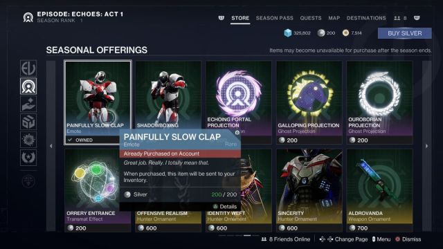 painfully slow clap emote in eververse store in destiny 2