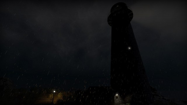 Phasmophobia: a dark and rainy night with a silhouette of a lighthouse.