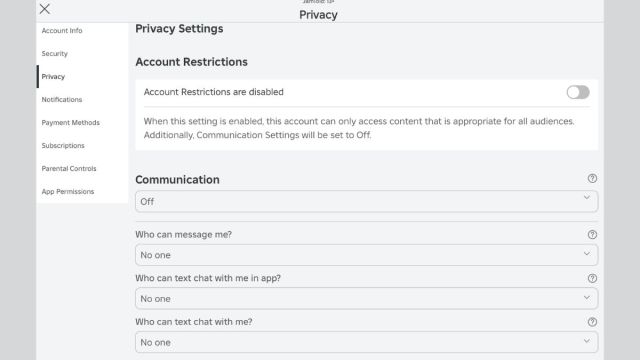 privacy settings in roblox