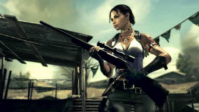 Resident Evil 5: Sheva Alomar holding a very long rifle.