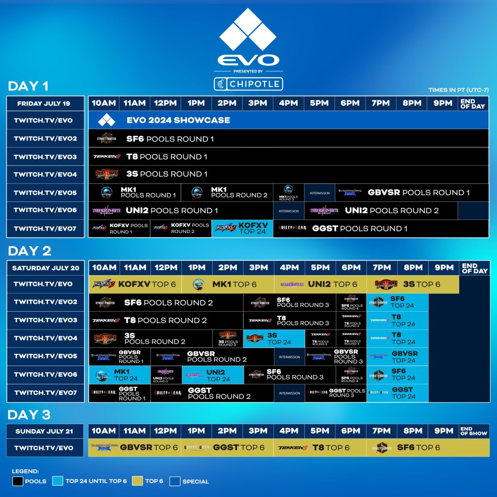 EVO schedule for July 2024