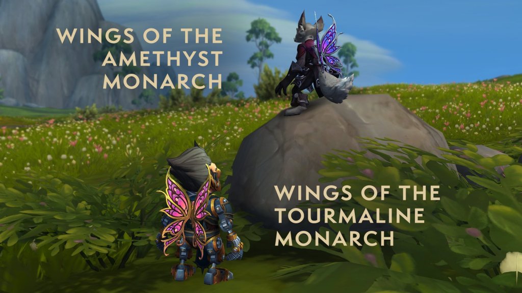 a Vulpera and Mecha-gnome each wearing butterfly wing costume pieces