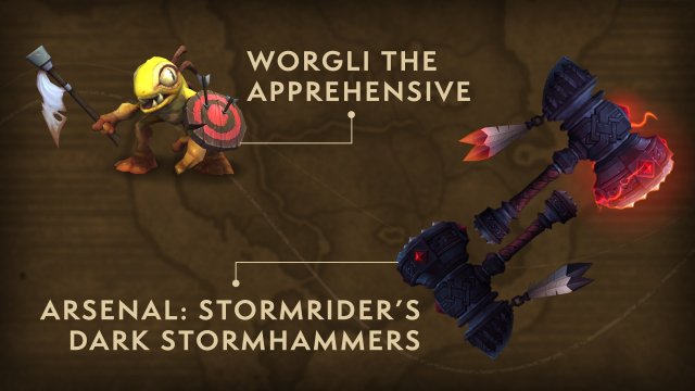 A murloc holding a white flag and shield and a pair of dark hammers