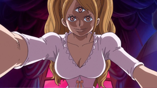 Pudding exposing her third eye from One Piece