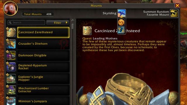 A look at the mount interface showing the Skyriding drop-down menu