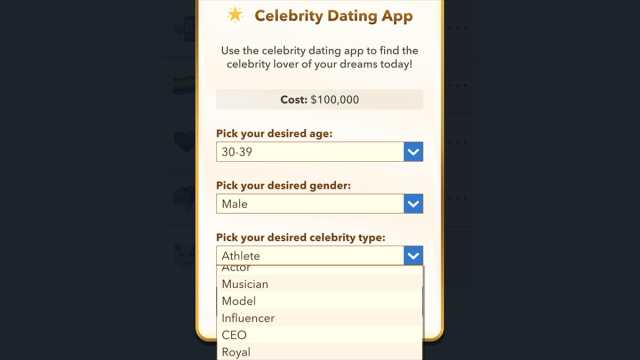 BitLife celebrity dating app menu