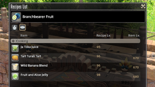 Recipes made using Branchbearer Fruit in Final Fantasy XIV