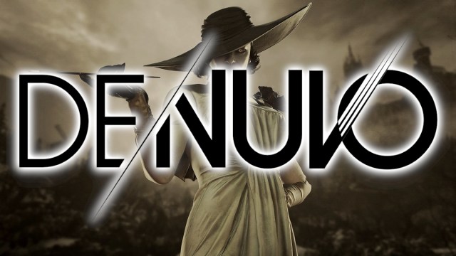 Lady Dimitrescu from Resident Evil Village stood behind a glowing Denuvo logo.