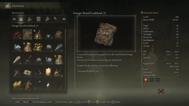 elden ring forager brood cookbook 2 inventory screen