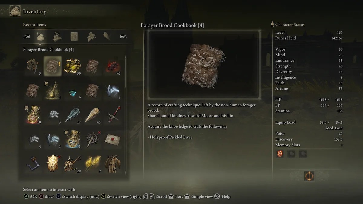 elden ring forager brood cookbook 4 inventory screen