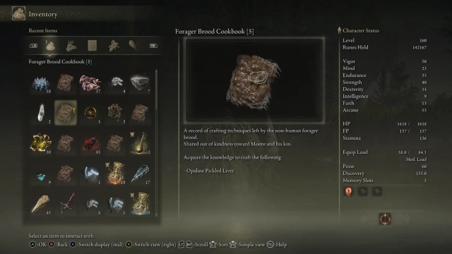 elden ring forager brood cookbook 5 inventory screen