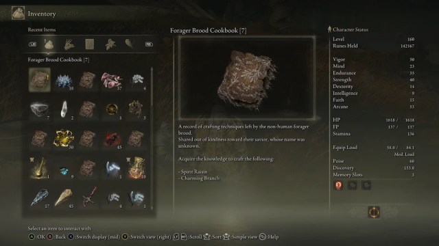 elden ring forager brood cookbook 7 inventory screen