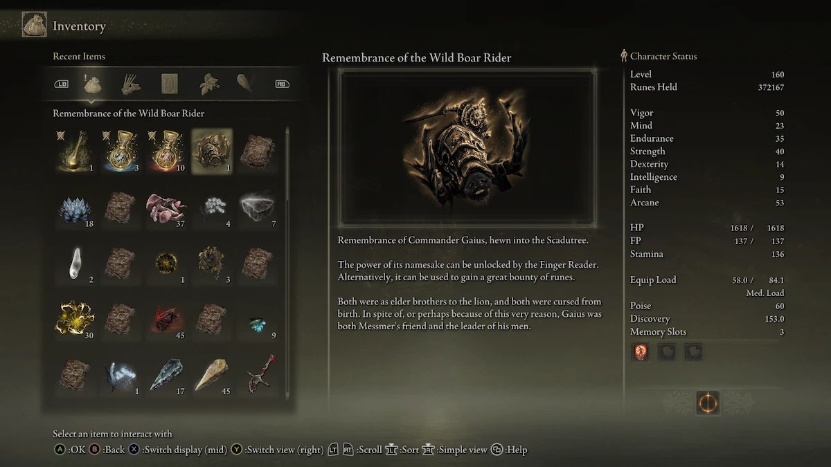 elden ring remembrance of the wild boar rider inventory screen